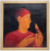 SVETA YAVORSKY (Russian, b.1964) oil on board - head and shoulders of a figure holding a bird,