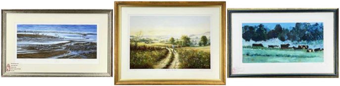 THREE LIMITED EDITION PRINTS comprising KEITH BEST (55/850) farmer with sheepdog, entitled 'No Place