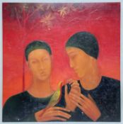 SVETA YAVORSKY (Russian, b.1964) oil on board - two figures holding a bird, entitled verso on