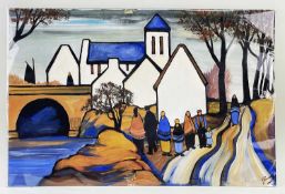 J. P. ROONEY (Irish, 20th Century) oil - congregation outside chapel by bridge, 40.5 x 61cms,