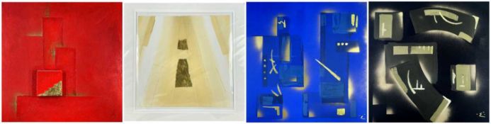 FOUR ORIGINAL ACRYLICS comprising UNKNOWN box frame construction entitled 'Sunset on the Square',