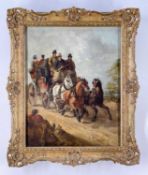 MANNER OF WILLIAM SHAYER oil on board - coach and horses passing a labourer, paper label verso