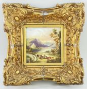 VICTORIAN SCHOOL enamel on porcelain - drover driving cattle and sheep across Highlands bridge (