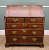 GEORGE III OAK & MAHOGANY CROSSBANDED BUREAU, fitted interior of pigeon holes, drawers and central