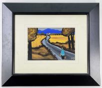 J. P. ROONEY (Irish, 20th Century) oil - figures walking on road with cottage in distance, signed,