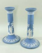 PAIR 19TH CENTURY WEDGWOOD PALE BLUE JASPERWARE CANDLESTICKS, classically decorated between