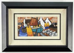 J. P. ROONEY (Irish, 20th Century) oil - cottage boat and figures on coast, signed, 13.5 x 28.5cms