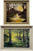 HOWELL DAVIES two acrylic on board - Woodland Landscape, signed and dated '74, 40 x 57cm, and