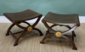 PAIR REGENCY-STYLE PARCEL GILT X-FORM STOOLS, 20th Century, with gilt flower head roundels, 52 x