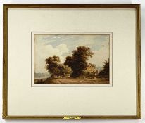 JOHN VARLEY (1778-1842) watercolour - figures walking along a riverbank with cottage, entitled verso