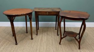 19TH CENTURY LOW BOY & TWO OCCASIONAL TABLES, low boy with single drawer, one table with carved