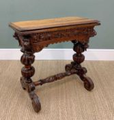 UNUSUAL RENAISSANCE-STYLE CARVED GAMES TABLE, having a foldover and twist baize lined top, low-
