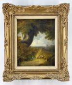 19TH CENTURY ENGLISH SCHOOL oil on board - pheasants in a woodland with distant church, unsigned,