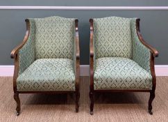 PAIR OF EDWARDIAN DRAWING ROOM CHAIRS, of shapely form with arabesque green upholstery (stains)