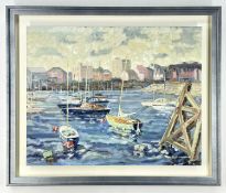 JAMES WOLFENDEN oil on board - Cardiff Bay with yachts, entitled 'Lost Buildings', signed, 40 x