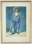 CIRCLE OF HECTOR CAFFIERI (1837-1942) watercolour - farmer with staff and brimmed hat, inscribed, 34