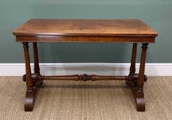 VICTORIAN MAHOGANY CENTRE TABLE, on four turned pillar supports with turned stretcher, 114cms wide x