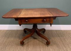 ANTIQUE MAHOGANY DROP FLAP SOFA TABLE, on scrolling spider supports, castors and with single
