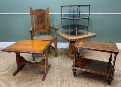 FURNITURE GROUP including Victorian walnut base from what-not, occasional table, oak chair etc