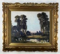 LEWIS TAYLOR GIBB (British, 1873-1945) oil on canvas - wetlands with tall trees, signed, 43 x