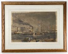 LATE 19TH CENTURY ENGLISH SCHOOL watercolour - paddle steamer at quayside with figures, entitled