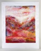 JANET ROGERS mixed media - semi abstract mountainscape with lake, signed and dated 2010, 69 x