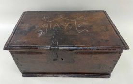ANTIQUE OAK BIBLE BOX, of simple rectangular form, iron lock plate and shaped latch, naively