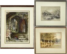 MICHAEL W KING watercolour - figures on a riverbank, entitled verso on Watercolour Society of