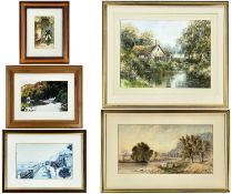 ASSORTED WATERCOLOURS & PRINTS, including S.W. EARLE, river landscape with figures and cattle,