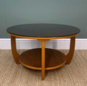 MID-CENTURY CIRCULAR COFFEE TABLE having lower shelf and smoky glass top, 75cms diam. Comments;