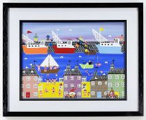 GORDON BARKER acrylic on paper - 'Holiday at the seaside harbour', signed, 28.5 x 38.5cms
