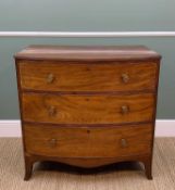 REGENCY MAHOGANY BOW-FRONT CHEST, fitted three long drawers with pressed brass handles, 90h x 51.