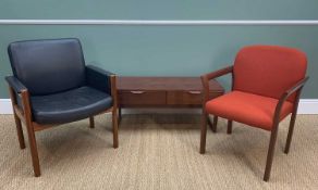 POST WAR FURNITURE including red upholstered armchair, two drawer coffee table, black leather