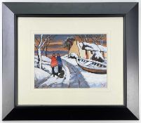 J. P. ROONEY (Irish, 20th Century) oil - cottage and boat under snow with two women and baskets,