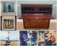 CHARITY LOT: 19th Century mahogany secretaire, pair wax portrait plaques by Leslie Kay, assorted