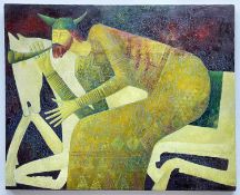 TIMUR ISKHAKOV (Russian, b.1968) oil on canvas - viking warrior on horseback blowing a horn,
