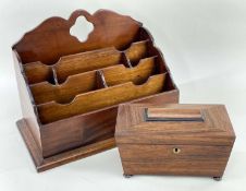 19TH CENTURY ROSEWOOD TEA CADDY & MAHOGANY LETTER RACK, caddy 25cms wide, letter rack 42cms wide (
