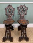 PAIR 19TH CENTURY OAK SCABELLI, Italian style, with pierced shaped backs with foliate carving