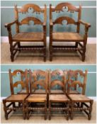 SET OF TEN YORKSHIRE LADDERBACK DINING CHAIRS, with wide solid boarded seats, carved ladder backs