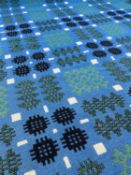 VINTAGE WELSH WOOLEN DERW TAPESTRY BLANKET in blue, greens, flecked grey, black, reversible,