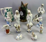 VICTORIAN & LATER COLLECTABLE FIGURINES & JUGS - to include a Majolica fish glug jug, relief moulded