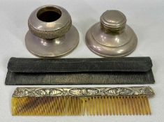 SMALL SILVER, 3 ITEMS - to include a silver mounted pottery match striker and a capstan shape desk