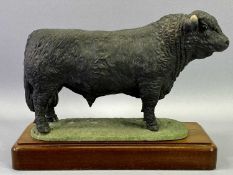 SHEBEG POTTERY ISLE OF MAN WELSH BLACK BULL - by John Harper, standing on an oval green grassy base,
