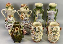 VICTORIAN MILK GLASS, MAJOLICA TYPE and other pottery vases and jugs