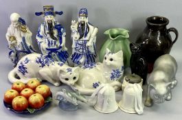 BLUE & WHITE & OTHER CERAMIC CATS, Chinese figurines and other pottery and porcelain collectables