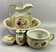 VICTORIAN 5 PIECE POTTERY TOILET SET - consists of wash jug and bowl, chamber pot, toothbrush holder