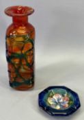 MOORCROFT HIBISCUS ASHTRAY and a Mdina red with blue trailing glass vase, 11cms across and 23cms