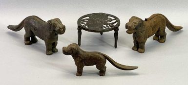 CAST IRON DOG NUTCRACKERS (3) and a Bonzo trivet stand, 29cms L the longest nutcracker