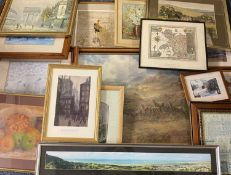 L S LOWRY print - The Lodging House 1921, 25 x 16cms and an assortment of other paintings and