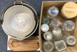 ALUMINIUM SWING HANDLED JAM PANS (2) and a quantity of clip lidded preserve and storage jars